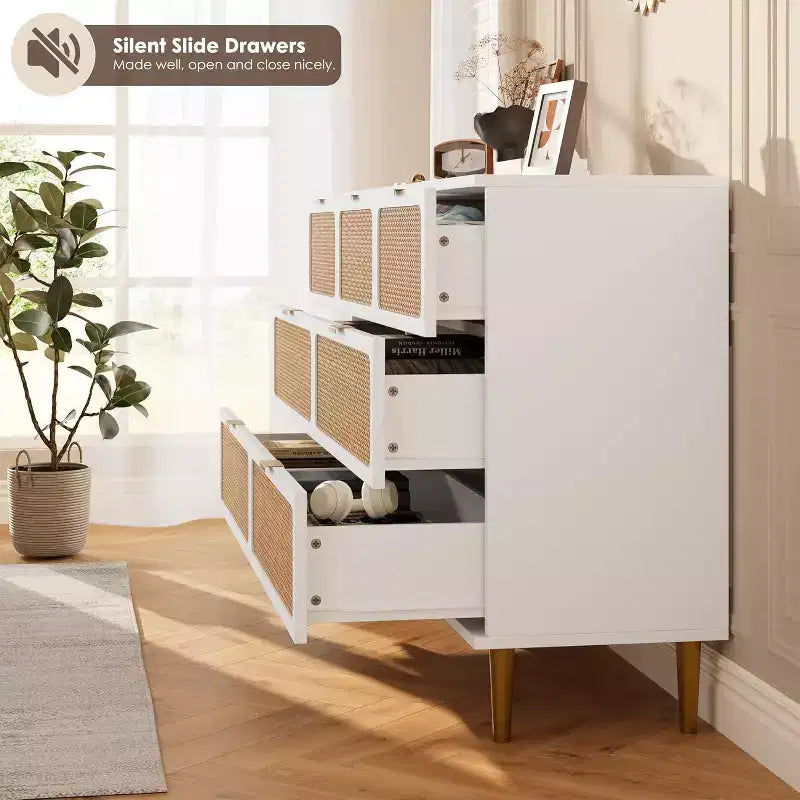 Rattan Kommode mit 7 Schubladen für das Schlafzimmer, hoher Schrank mit tiefen Schubladen, große Kommode für den Kleiderschrank mit breiter Ablagefläche, Holzkommode für das Wohnzimmer