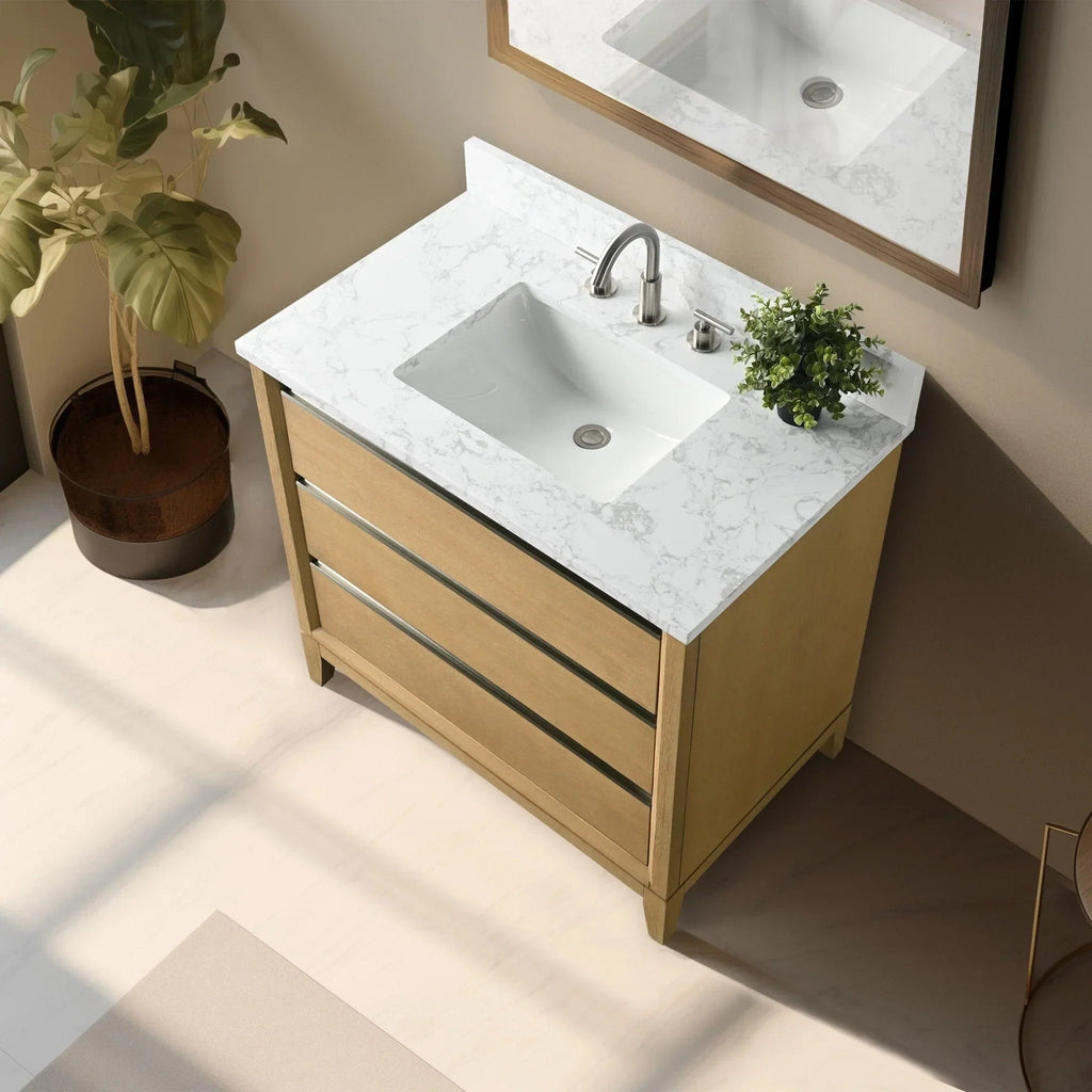 Vanity Art Badezimmerschrank mit Keramikwaschbecken und Platte aus technischem Marmor