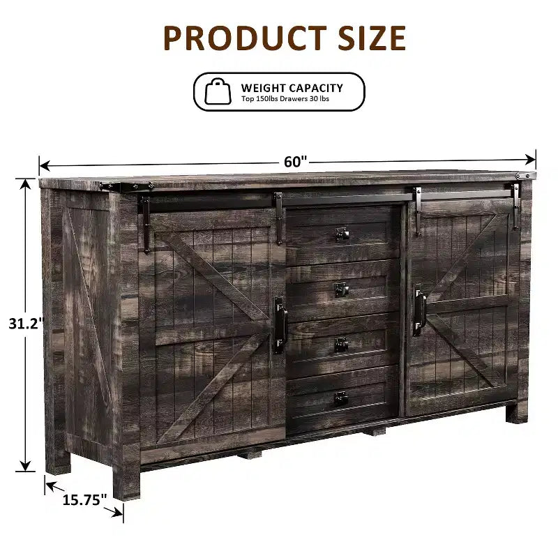 SinCiDo Farmhouse 60-cm-Schminktisch mit verschiebbarer Scheunentür und 4 Schubladen, Schubladenschrank für Wohnzimmer, Schlafzimmer und Kaffeebar