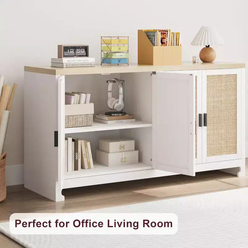 4-türiger Aufbewahrungsschrank aus Geflecht, Buffet-Sideboard mit Ablage, Kaffeebar-Konsole für Küche, Ess- & Wohnzimmer, 36H
