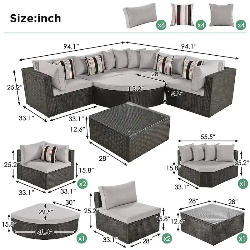 Modernes 7-teiliges Outdoor-Sofa-Set aus Korbgeflecht mit Couchtisch, Auflagen und gestreiften Kissen, geeignet für Terrasse, Garten und Veranda