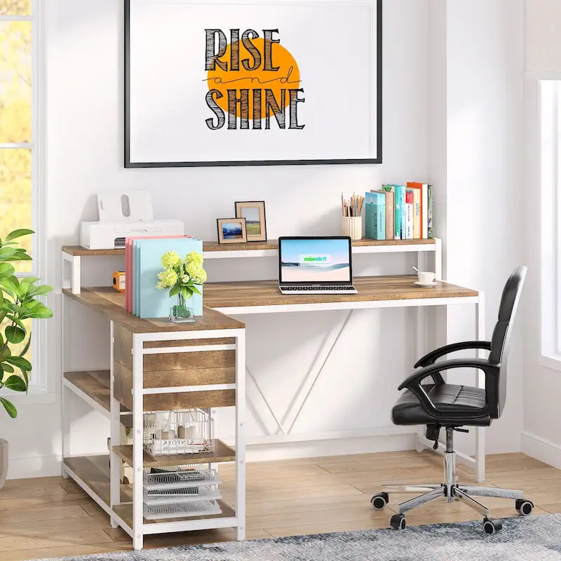 L-förmiger Schreibtisch mit Schublade, Eckschreibtisch für das Home-Office mit Ablagefächern und Monitorständer, rustikaler PC-Tisch für kleine Räume