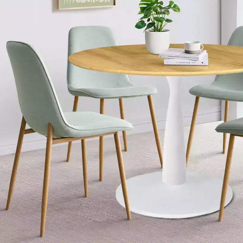 5-teiliges Esszimmerset, runder 37-Zoll-Tisch mit Säulenfuß und Holzoptik-Platte sowie gepolsterten, geschwungenen Stühlen, moderner Stil – Panipeachy