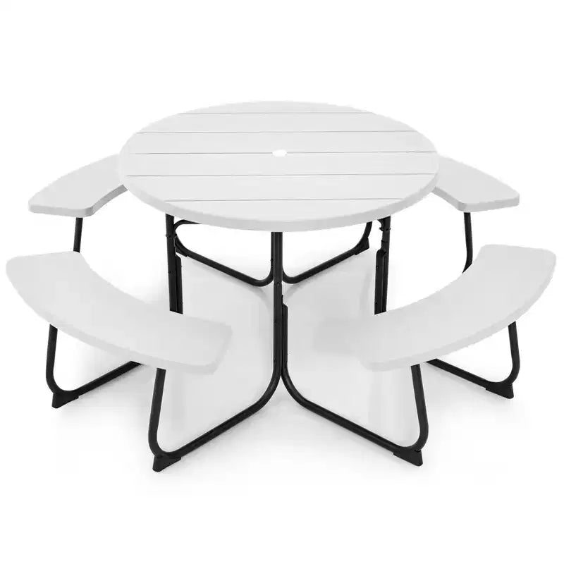 Costway Outdoor 8-Personen-Rund-Picknicktisch-Bank-Set mit 4 Bänken & Sonnenschirmloch Schwarz/Grau/Grün/Weiß