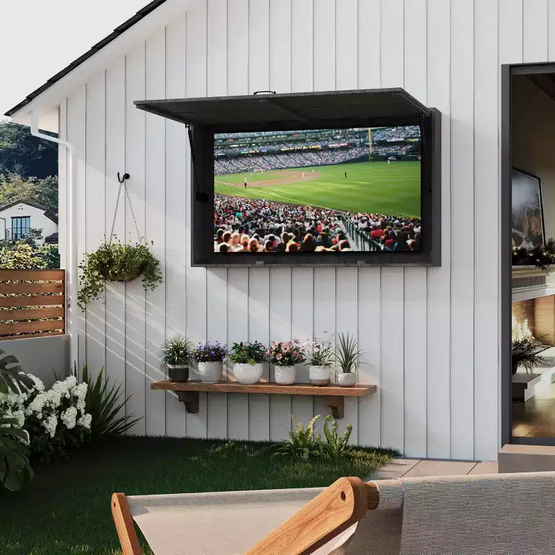 55-Zoll-Outdoor-TV-Gehäuse, wetterfeste TV-Abdeckung aus Massivholz mit 4D-verstellbarer Halterung & hochklappbarer Tür (passend für 44-55-Zoll-Fernseher)