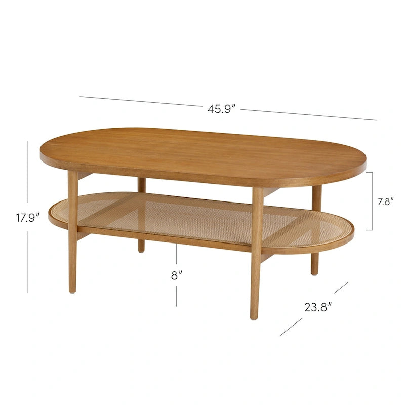 Nathan James Sonia Bohemian Couchtisch mit zwei ovalen Ebenen aus hellem Holz und Ablage aus Rattan