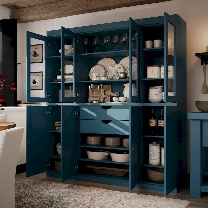 Küchenbuffet aus 100 % Massivholz mit Glas- oder Holztüren und 2-Schubladen-Set, 65 x 71,5