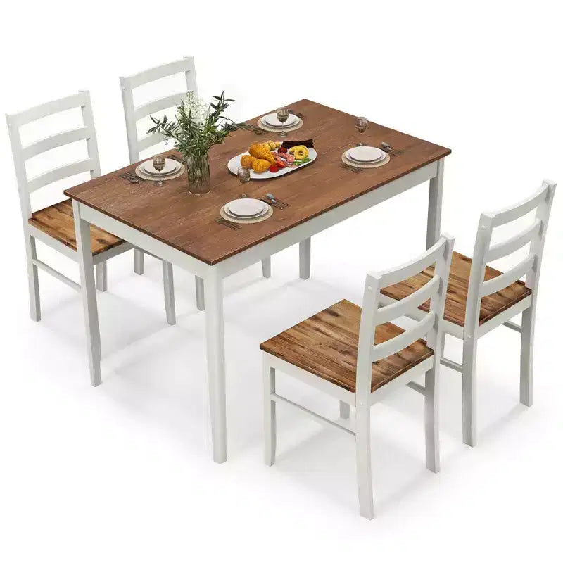 Costway 5-teiliges Esszimmer-Set Massivholz Küchenmöbel mit rechteckigem Tisch & 4 Stühlen Natur/Kaffee/Grau