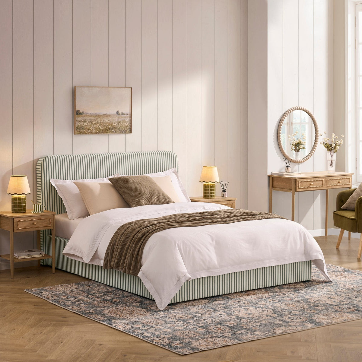Bett mit Bettkasten – Salbeigrün gestreift