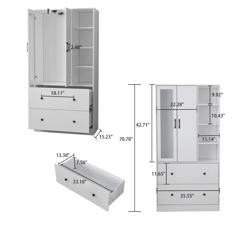 Kleiderschrank mit Spiegel, verstellbarer Kleiderstange und platzsparendem Design