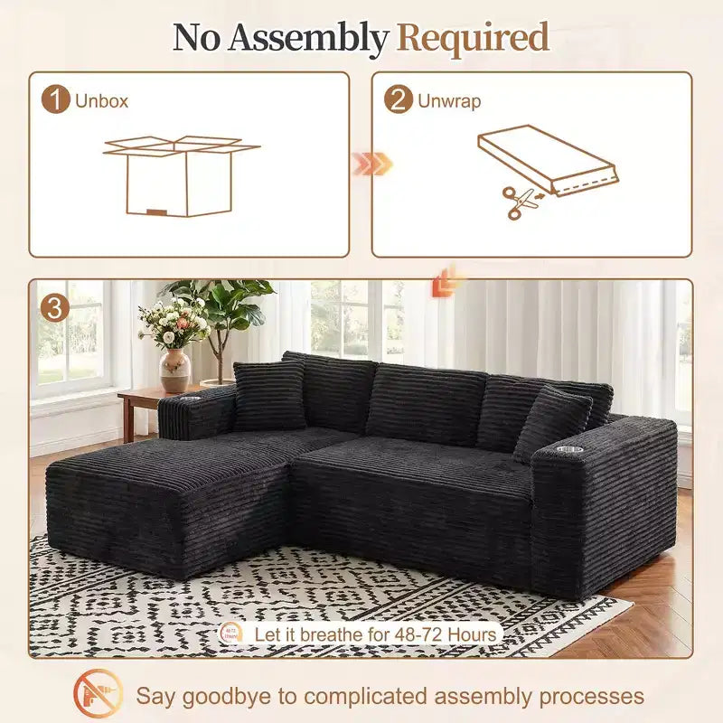 Celebalcony 103 modulares, rahmenloses Ecksofa, L-förmige Récamiere mit 2 Getränkehaltern, weiches Cord-Cloud-Sofa für das Wohnzimmer, keine Montage erforderlich