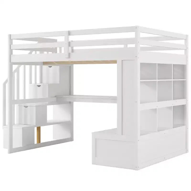 Full-Size-Hochbett mit Treppe und Schreibtisch, Hochbettgestell aus Holz mit Staufächern und Bücherregalen für Erwachsene, Teenager und Kinder