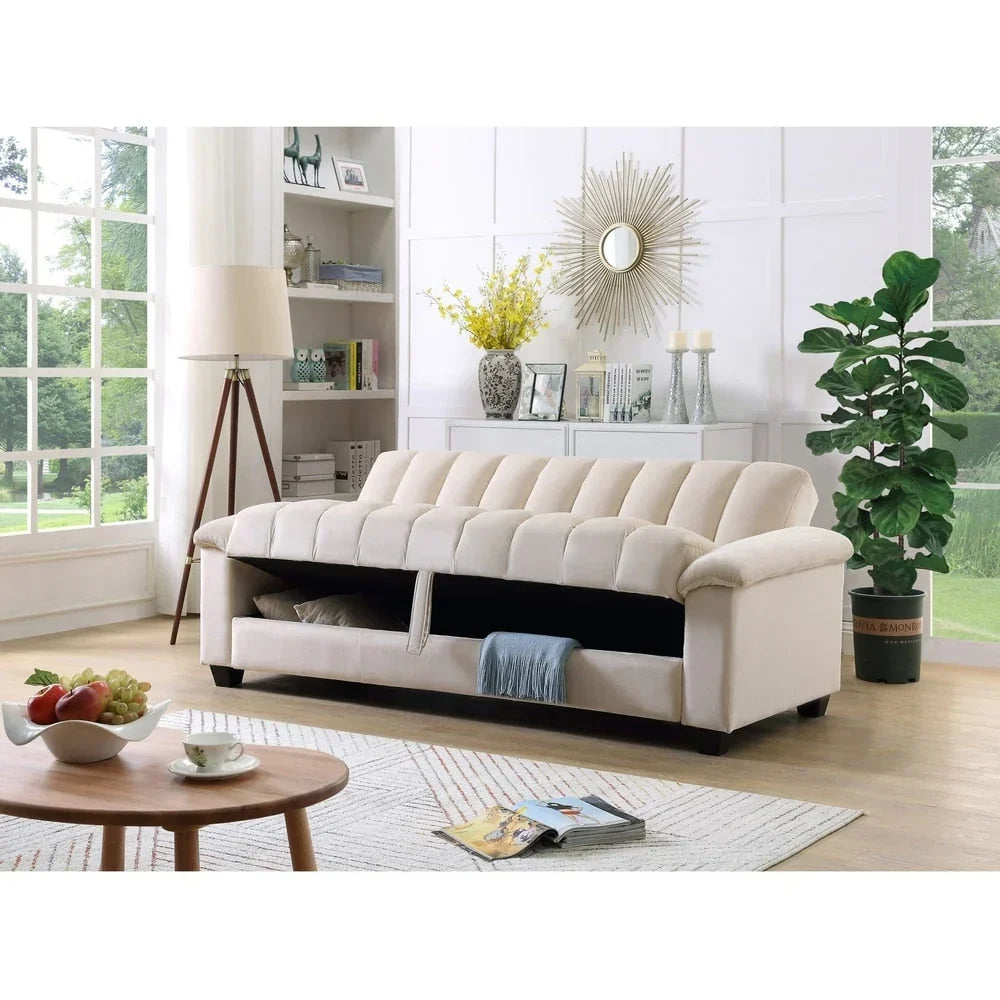 Wandelbares Schlafsofa für das Wohnzimmer mit stoffbezogener Rückenlehne in Rillenoptik