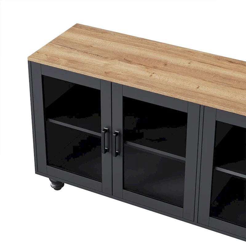 Schwarzes Entertainment-Center im Landhausstil mit dunklem Walnussholz, Bücherregalen und Türen aus gehärtetem Glas für Fernseher bis 70 Zoll