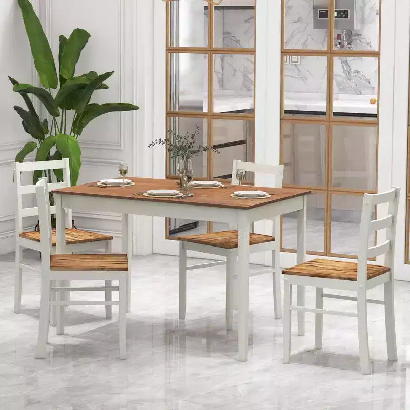Costway 5-teiliges Esszimmer-Set Massivholz Küchenmöbel mit rechteckigem Tisch & 4 Stühlen Natur/Kaffee/Grau