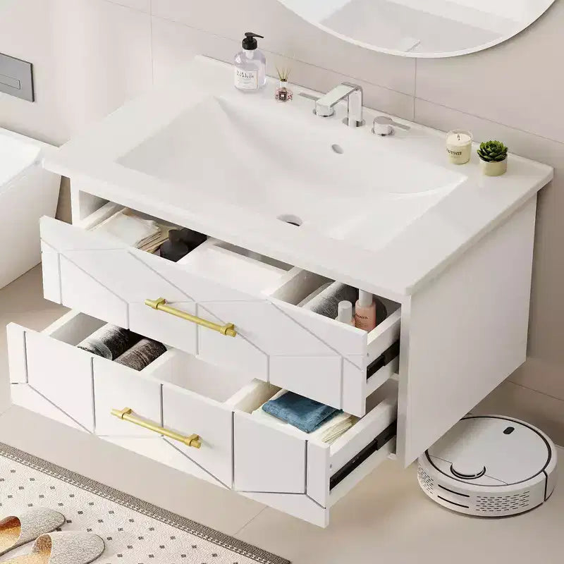 Modernes hängendes Badezimmer-Waschtischset mit Waschbecken – Wandmontierter Unterschrank mit Soft-Close-Schublade und goldenem Griff, Größe 24 oder 30 Zoll