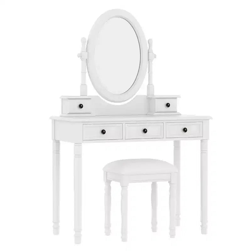 Okak Vintage Holzkosmetiktisch mit verstellbarem Spiegel, Schminktisch mit 5 Schubladen und gepolstertem Hocker, Frisiertisch für das Schlafzimmer