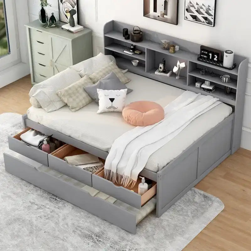 Full-Size-Kapitänsbett aus Holz mit integrierten Bücherregalen, drei Schubladen und Ausziehbett