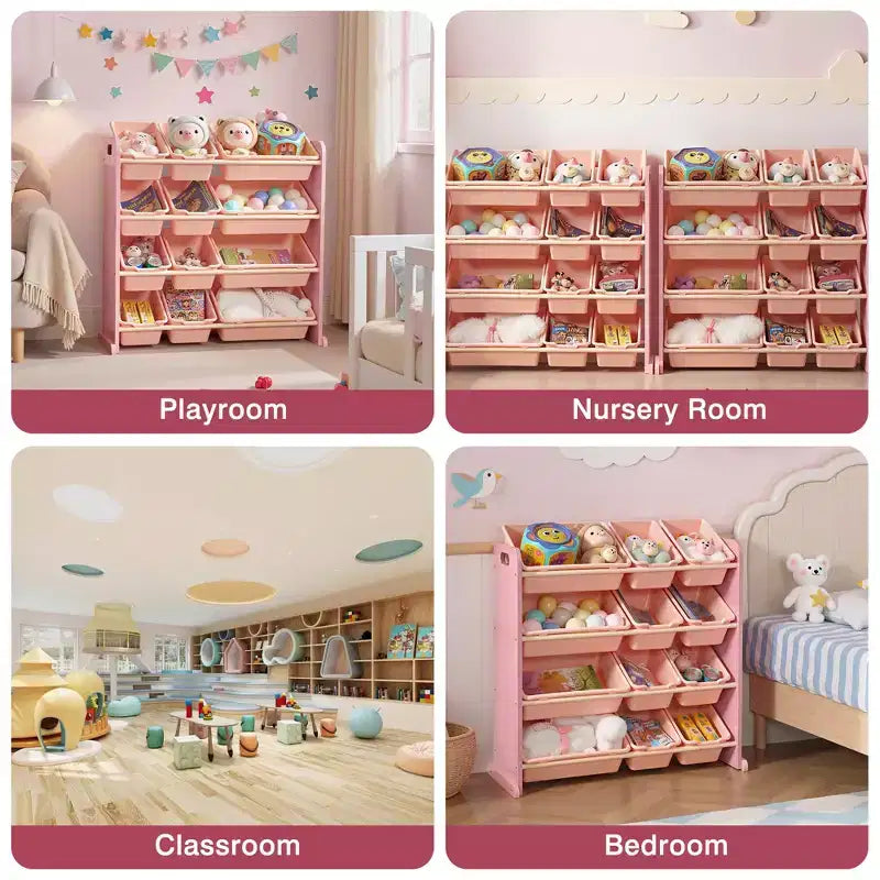 VECELO Kinder-Bücherregal mit Spielzeugaufbewahrung und 12 Körben, Spielzeugregal aus Holz für Kleinkinder, geräumige Spielzimmeraufbewahrung für Bücher oder Spielzeug