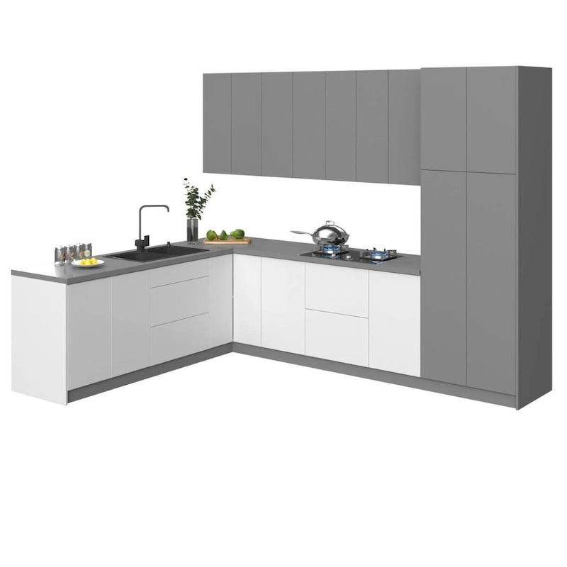 Küchen-Harmonie-Kollektion in glänzendem Weiß und Grau, Breite 8 × 10 Fuß – 126 × 96