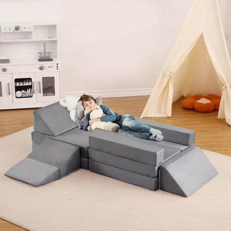 Indoor-Klettersofa, 12-teilige modulare Spielcouch mit quadratischem Bällebad & Kletterrampe, Kissen-Spielset