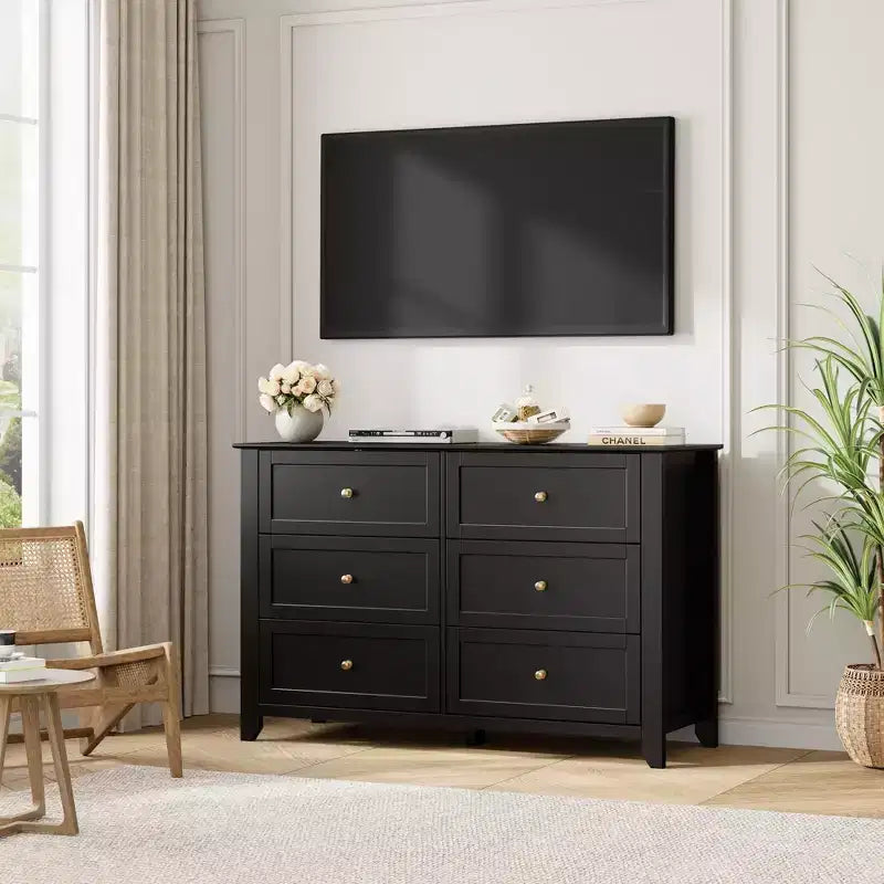 Kommode mit 6 Schubladen für das Schlafzimmer, große Kommode mit tiefen Schubladen & Metallknöpfen, modernes Holzschubladenelement für Eingangsbereich, Flur