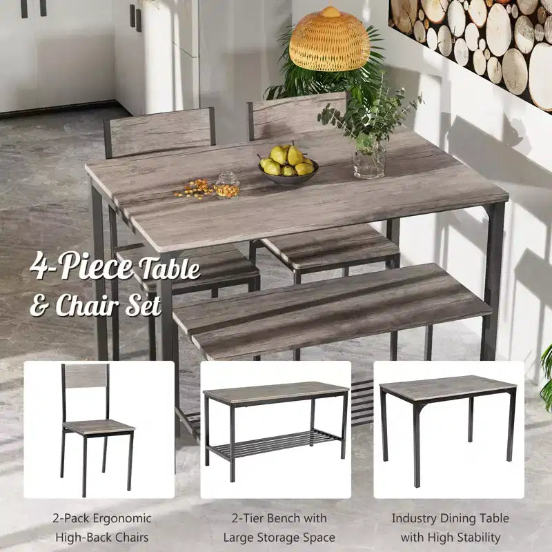 Costway 4-teiliges Esszimmertisch-Set, rustikaler Tisch, 2 Stühle & Bank mit Ablagefach