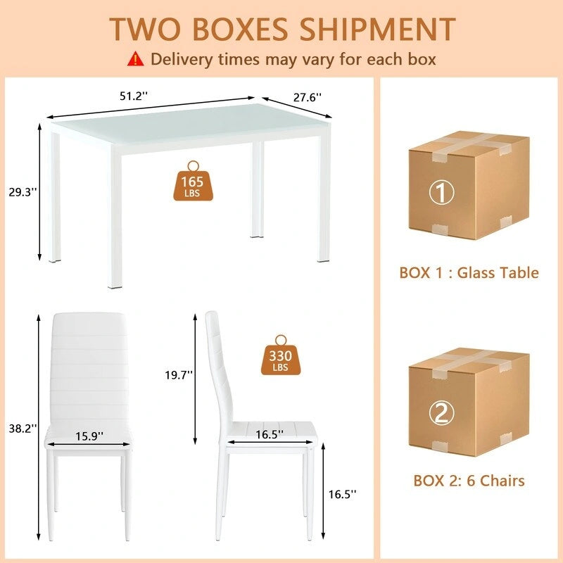Grondin 7-teiliges Esszimmer-Set im modernen Stil mit Tischplatte aus gehärtetem Glas und 6 Stühlen mit PU-Lederpolsterung