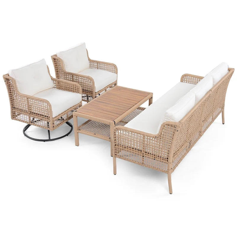 4-teiliges Outdoor-Rattangarniture-Set mit Drehstühlen und Couchtisch
