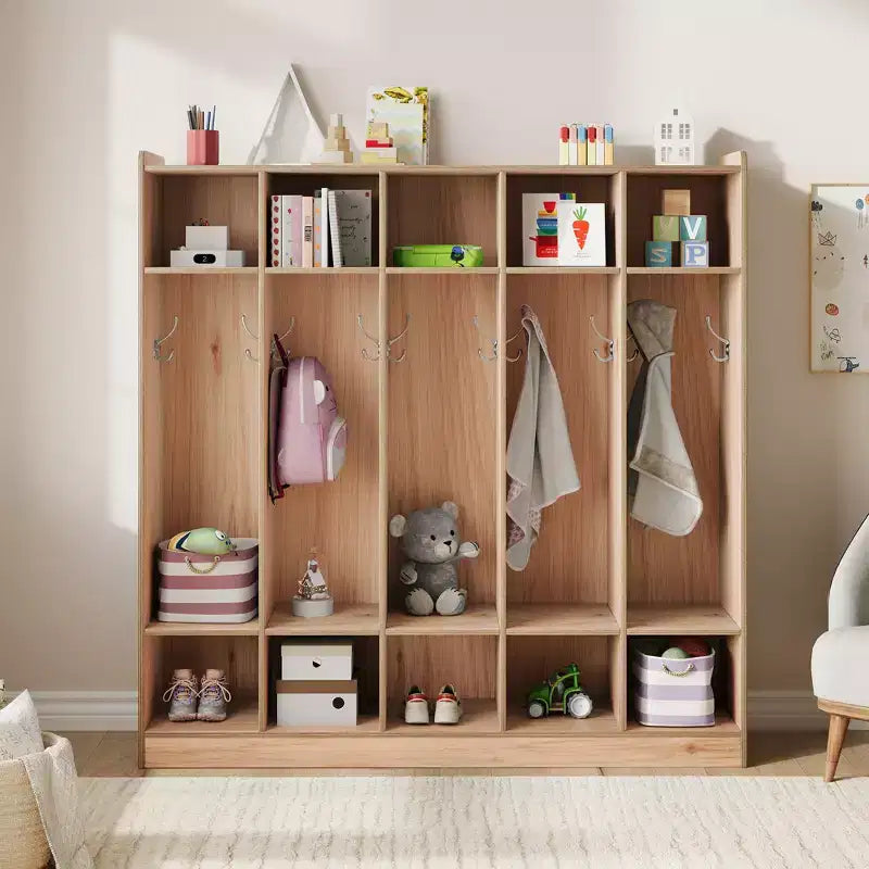Garderoben-Organizer für Kinder mit 10 Fächern & Haken, 5-teiliges Aufbewahrungssystem für Klassenzimmer, Kinderzimmer, Flur oder Spielzimmer, Eiche Natur