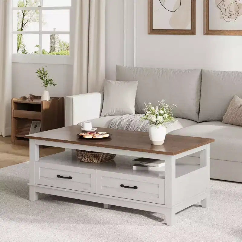 Landhausstil-Couchtisch mit Schubladen, 47,2 Zoll Wohnzimmertisch im rustikalen Design, Braun, mit offenem Ablagefach und 6 Stützbeinen
