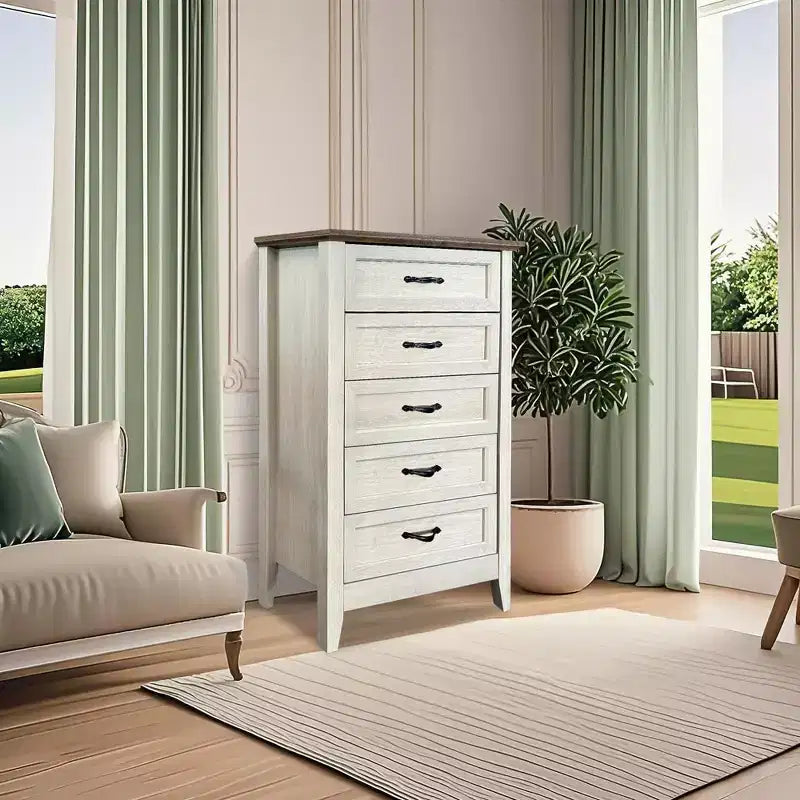 Kommode im Landhausstil, rustikale Holzkommode mit 5 Schubladen für den Kleiderschrank, hoher Schubladenschrank mit Metallgriffen