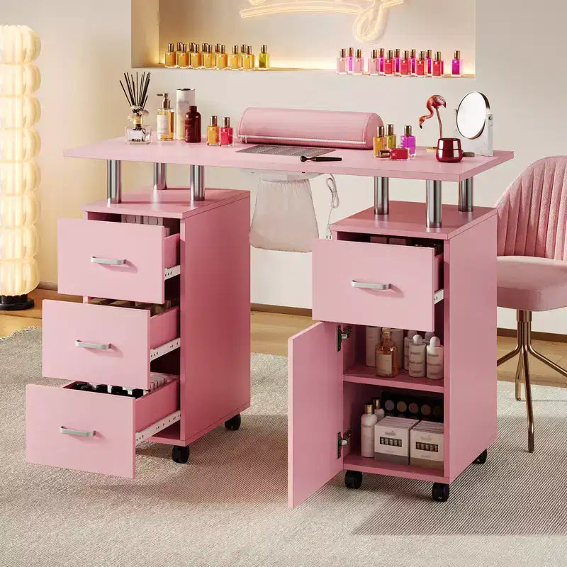 Maniküretisch mit Staubabsaugung, feststellbaren Rollen, Handgelenkauflage und Stauraum für Zuhause, Nagelstudios und Kosmetiksalons