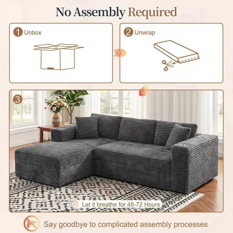 Celebalcony 103 modulares, rahmenloses Ecksofa, L-förmige Récamiere mit 2 Getränkehaltern, weiches Cord-Cloud-Sofa für das Wohnzimmer, keine Montage erforderlich