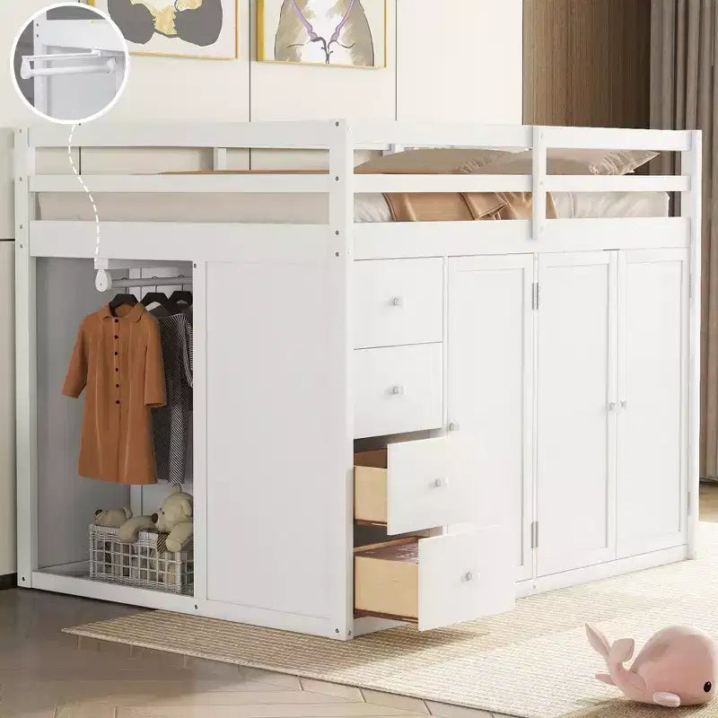 Teddy-Fleece-Tagesbett mit Staubrett und Schubladen, hohes Hochbett aus Holz mit vielseitigem Schreibtisch fürs Schlafzimmer