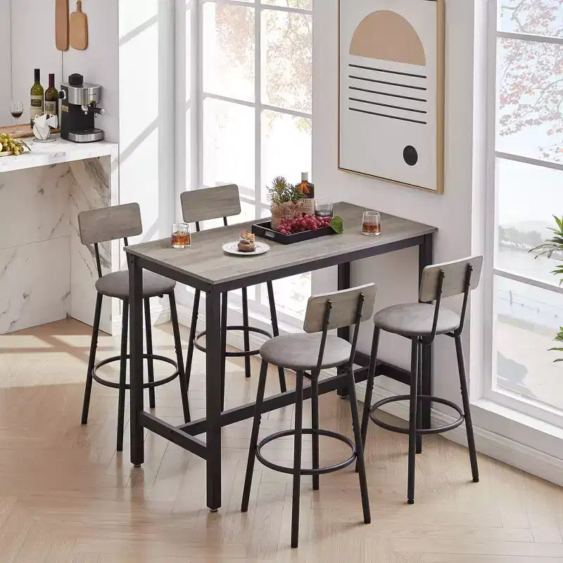 5-teiliges Esszimmertisch-Set, Bartisch-Set mit 4 gepolsterten Hockern, Holzlehne und ringförmiger Fußstütze, für Wohnzimmer, Arbeitszimmer und Esszimmer
