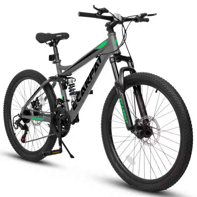 Okak 24 Zoll Mountainbike aus Karbonstahl mit Vollfederung, Herrenfahrrad mit 21-Gang-Schalthebel und Scheibenbremsen, Fahrrad für Kinder & Erwachsene