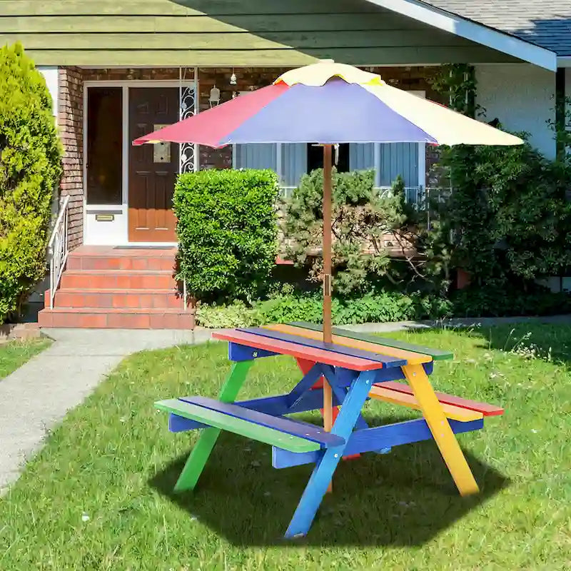 Costway 4-Sitzer Kinderpicknicktisch mit Sonnenschirm, faltbar für Garten und Hof