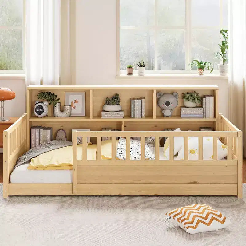 GDFStudio Cissie Modernes Bodenbett aus Kiefernholz mit Seitlichem Stauraum und Absturzsicherung