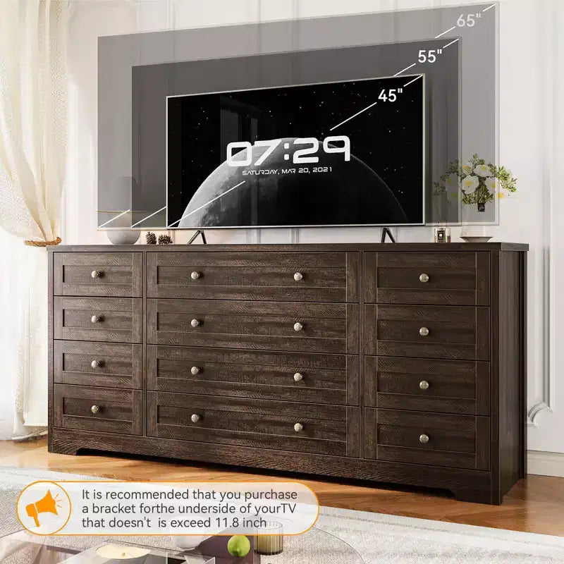 Kommode mit 12 Schubladen für das Schlafzimmer, aus Holz, moderner breiter TV-Ständer für 65-Zoll-Fernseher, Holz-Schubladenkommode, Landhausstil-Kleiderschrank für das Wohnzimmer