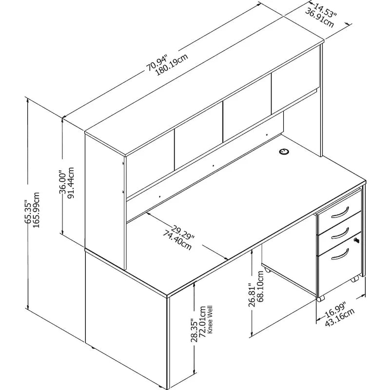 72-Zoll-Schreibtisch mit Aufsatz und mobilstem 3-Schubladen-Rollcontainer