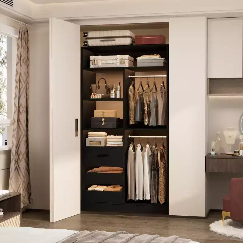 Schrank-Organizer mit Holzschubladen, freistehendes Schranksystem mit Kleiderstangen