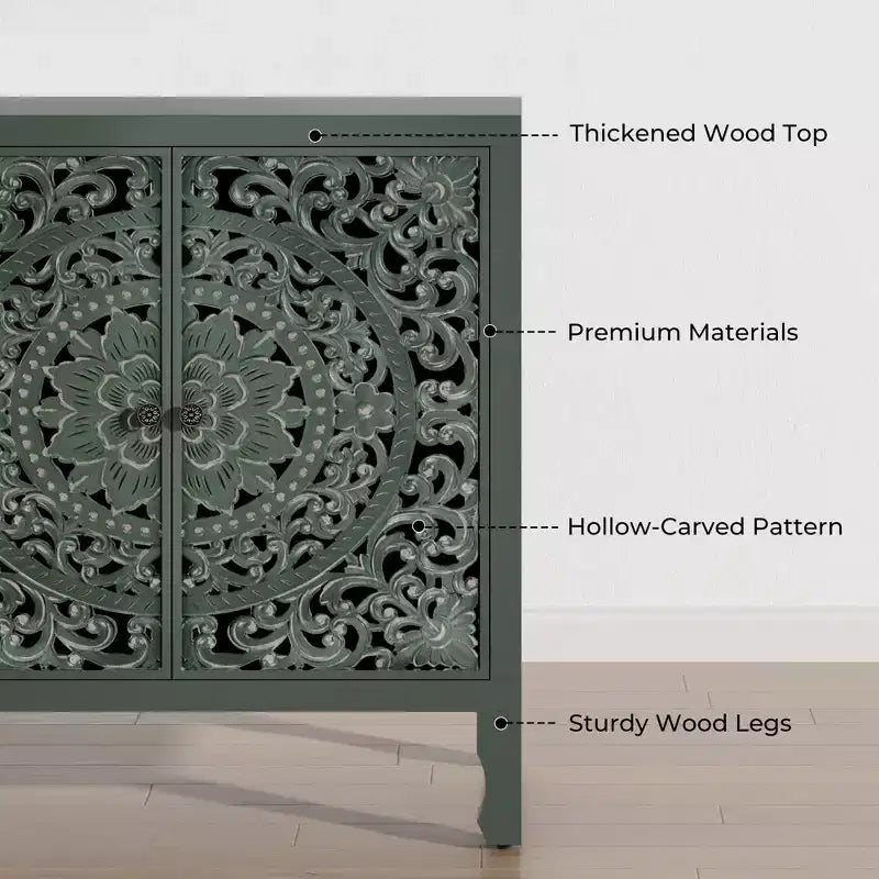 Buffetschrank mit Stauraum, rustikaler Aufbewahrungsschrank mit 4 geschnitzten Türen und verstellbarem Einlegeboden, Sideboard aus Holz als Akzentmöbel