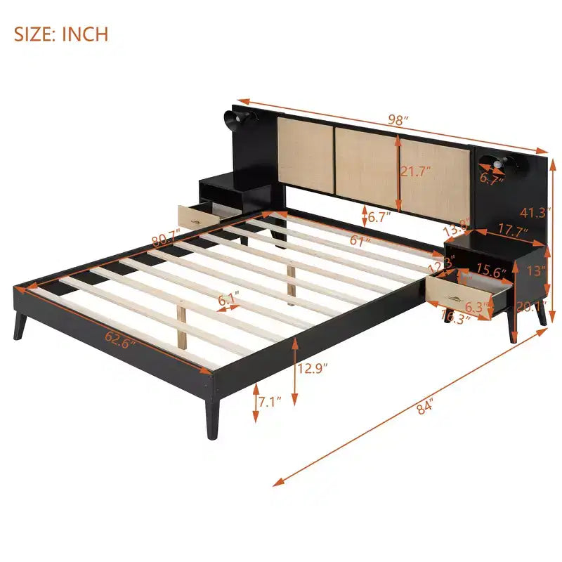Queen-Size-Bettgestell aus Massivholz mit 2 Nachttischen, elegantes Plattformbett aus Rattan-Holz-Kombination mit Lampen - ModernLuxe