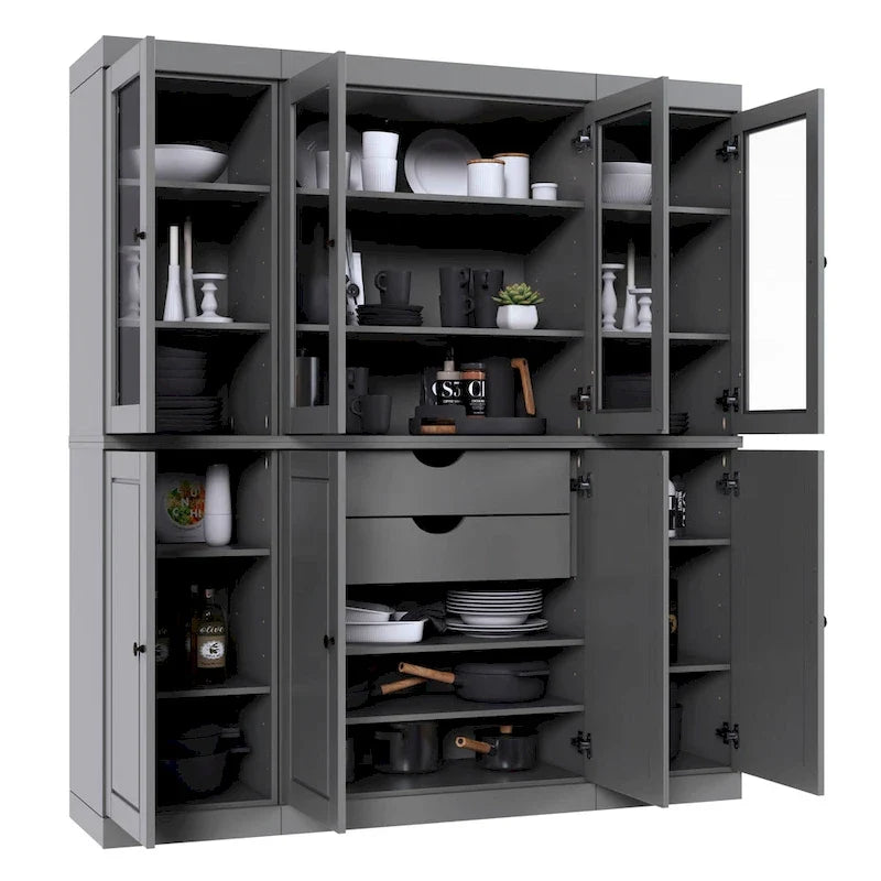 Küchenbuffet aus 100 % Massivholz mit Glas- oder Holztüren und 2-Schubladen-Set, 65 x 71,5