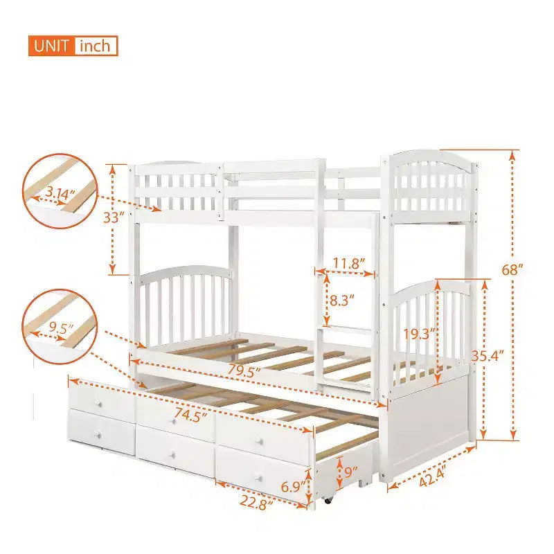 Etagenbett mit Leiter und Schutzgitter, Ausziehbett mit 3 Schubladen – Möbel für Jugend- und Gästezimmer