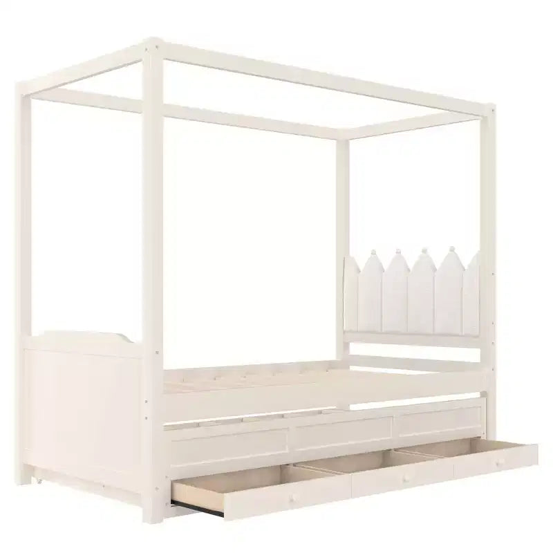 Doppel-/Einzelbett-Plattformbett mit Ausziehbett, Prinzessinnen-Himmelbett aus Holz mit 3 Schubladen, Stauraumbett mit gepolstertem Kopfteil für das Schlafzimmer