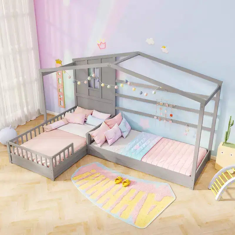 L-förmiges Etagenbett-Set mit Haus-Design, Fenster und Zäunen – Grau/Weiß