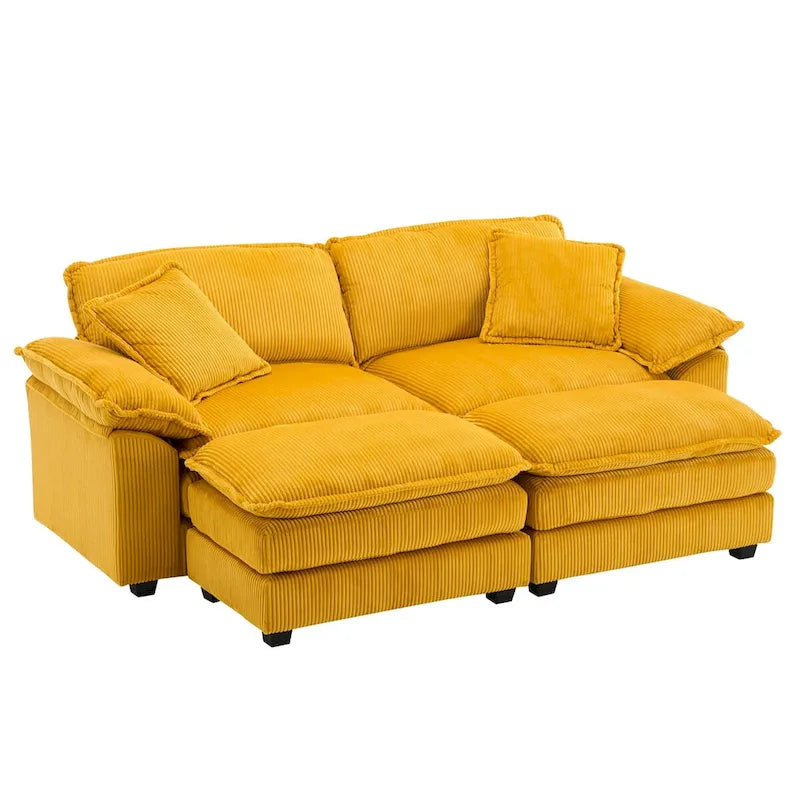 Modernes 2-Sitzer-Sofa aus Cord mit 4 Stützkissen und 2 Hockern