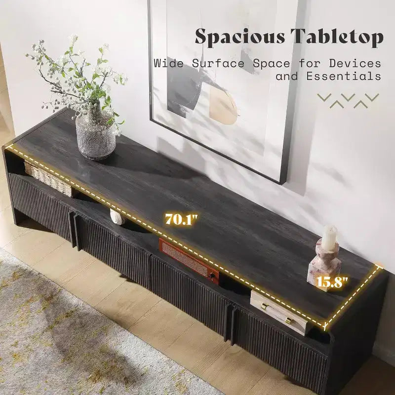 AMERLIFE 70" Modernes TV-Lowboard mit geriffeltem Design & Staufächern, für Fernseher bis 80", Holz-Mediakonsole für das Wohnzimmer